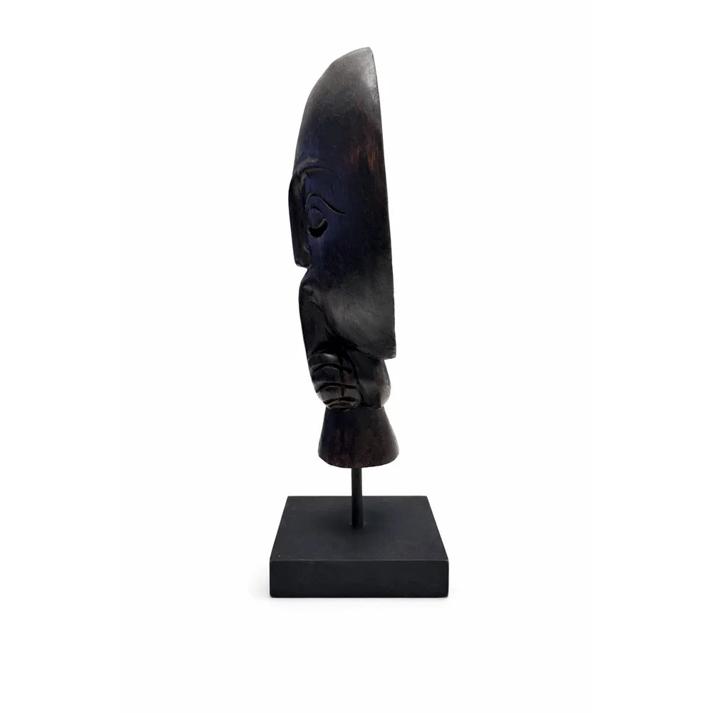 Hand-Carved Wooden “Shh” Mask Sculpture on Stand – African Style Art Decor